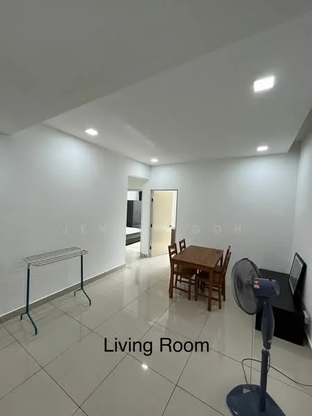 Living features: white painted walls, glossy ceramic tile flooring, recessed LED downlights, dining table with four chairs, freestanding TV cabinet, standing fan, clothes drying rack; style: modern.