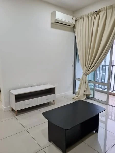 Living features: white painted walls, glossy tile flooring, 1 wall-mounted split AC, floor-to-ceiling windows, sheer curtains, black coffee table, white TV console with drawers, natural light from window; style: modern.
