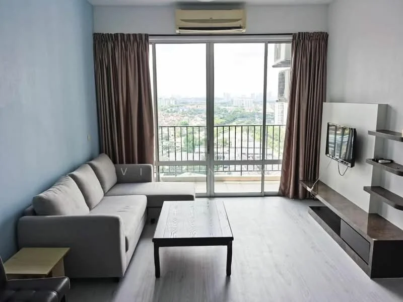 Living features: 3-seater fabric sofa in light grey, coffee table, wall-mounted TV, TV console, floor-to-ceiling windows, curtains in brown, air conditioning unit, light-colored laminate flooring, decorative wall with light blue paint; style: modern; view: city.