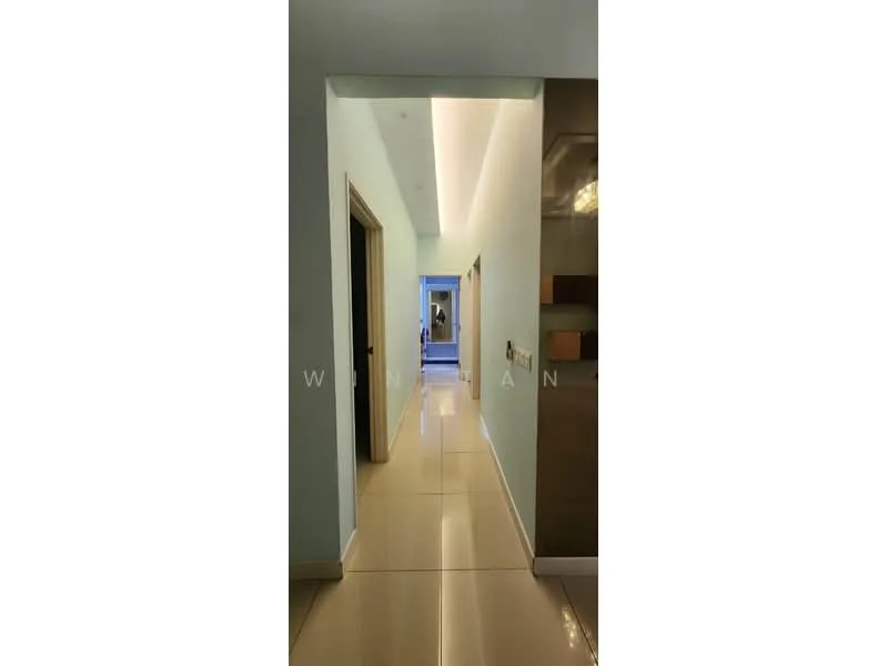 Hallway features: light blue painted walls, glossy beige tile flooring, recessed downlights, ceiling with cove lighting, doorways leading to other rooms, neutral color scheme; style: modern.
