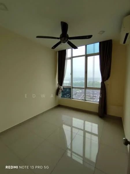 Room features: cream painted walls, grey tiled flooring, 5-blade ceiling fan, floor-to-ceiling windows, sheer curtains, air conditioning unit, city view; style: modern; view: city.