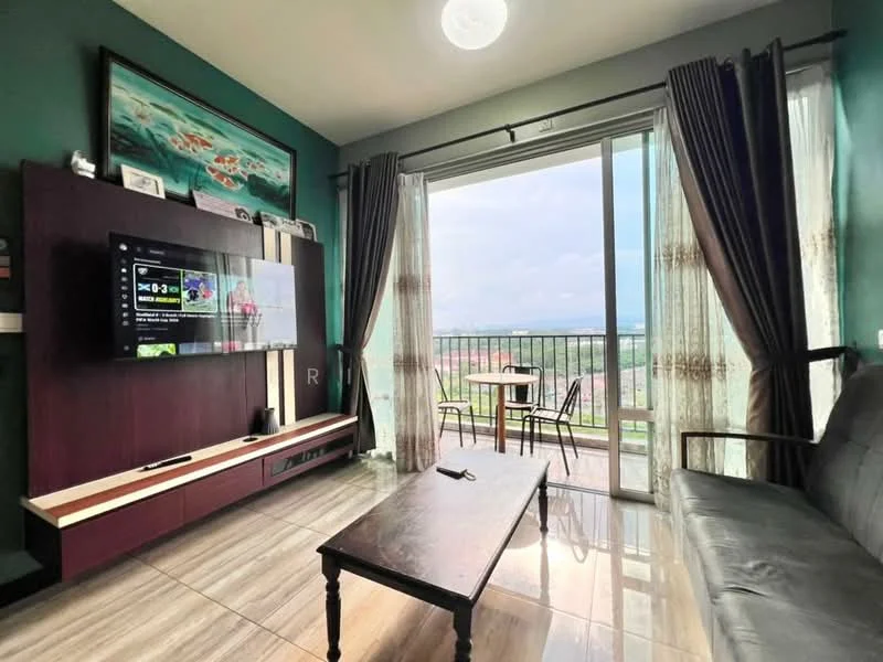 Living features: green accent wall, white painted walls, large sliding glass door, floor-to-ceiling windows, curtains, 3-seater grey fabric sofa, wooden coffee table, TV console with built-in storage, wall-mounted TV, decorative artwork, tile flooring, recessed ceiling light; style: modern; view: city.