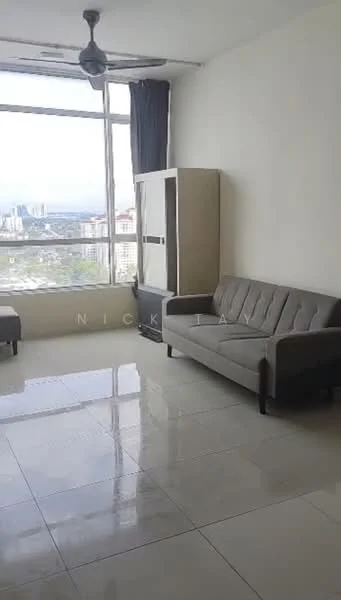 Living features: grey fabric sofa, floor-to-ceiling windows, city view, white painted walls, glossy tile flooring, ceiling fan, curtains, light-colored armchair, built-in cabinet; style: modern; view: city.