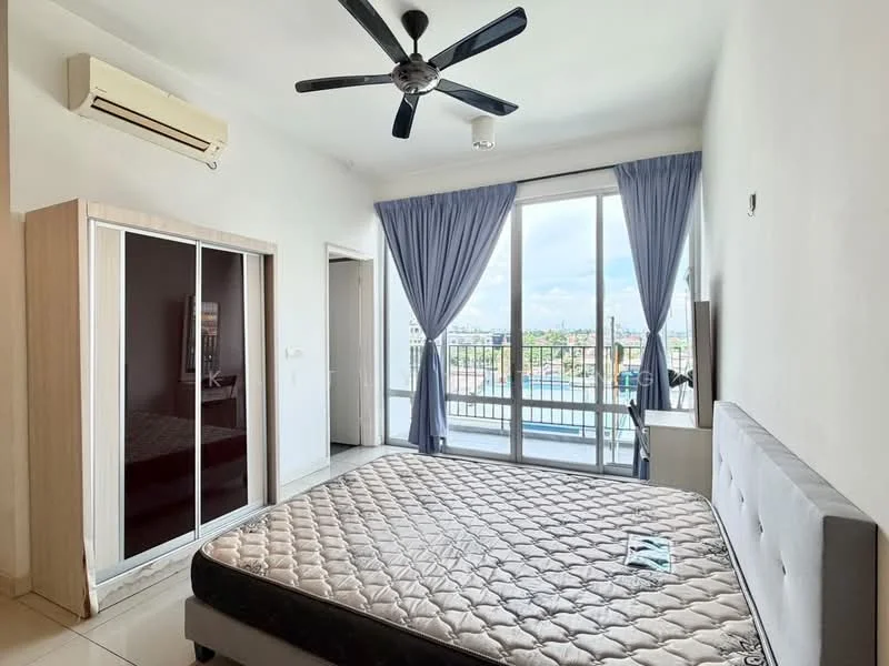 Bedroom features: queen-size bed, upholstered headboard, built-in wardrobe with sliding doors, floor-to-ceiling windows, curtains, ceiling fan, air conditioning unit, tile flooring, decorative wall, balcony view; style: modern; view: city.