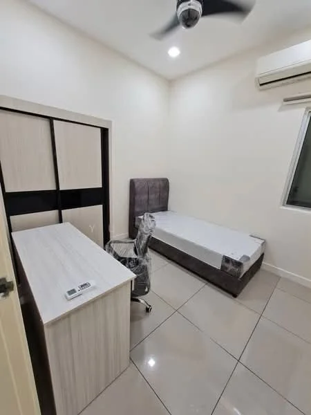 Bedroom features: single bed, upholstered headboard, study desk, office chair, built-in wardrobe with sliding doors, wall-mounted air conditioning unit, ceiling fan, glossy tile flooring, white painted walls, window with natural light; style: modern.