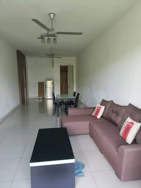Living features: 3-seater fabric sofa in brown, 2-seater fabric sofa in brown, coffee table with black surface, floor-to-ceiling windows, white painted walls, polished ceramic tile flooring, 5-blade ceiling fan, dining table with 4 chairs, refrigerator, staircase in background; style: modern.