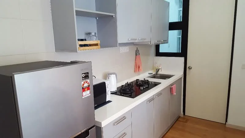 Kitchen features: grey cabinetry, white countertop, stainless-steel fridge, built-in gas hob, stainless-steel sink, chrome pull-down faucet, microwave, kitchen utensils on shelf, wooden flooring, window with natural light, door leading to hallway; style: modern.