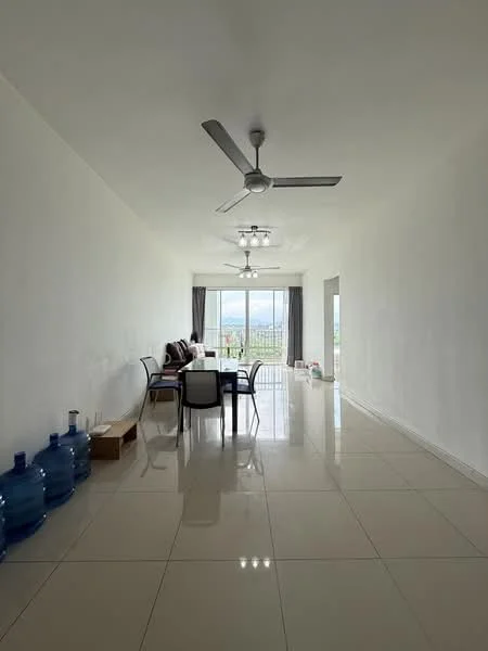 Living features: white painted walls, glossy ceramic tile flooring, 5-blade ceiling fan with light, recessed downlights, floor-to-ceiling windows, sliding glass door, grey curtains, dining table with chairs, sofa, water dispensers, cardboard box; style: modern; view: city.