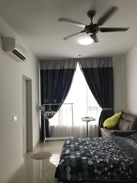 Bedroom features: queen-size bed with patterned bedding, 3-blade ceiling fan with light, floor-to-ceiling window with sheer and blackout curtains, light-colored walls, polished tile flooring, sofa in grey fabric, clothes rack, small side table, decorative pillow, area rug; style: modern.