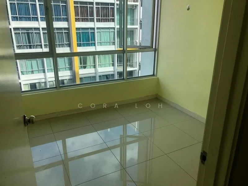 Room features: yellow painted walls, glossy tile flooring, floor-to-ceiling windows, city view, single light fixture, neutral color scheme, no visible furniture, clean and uncluttered space; style: modern; view: city.