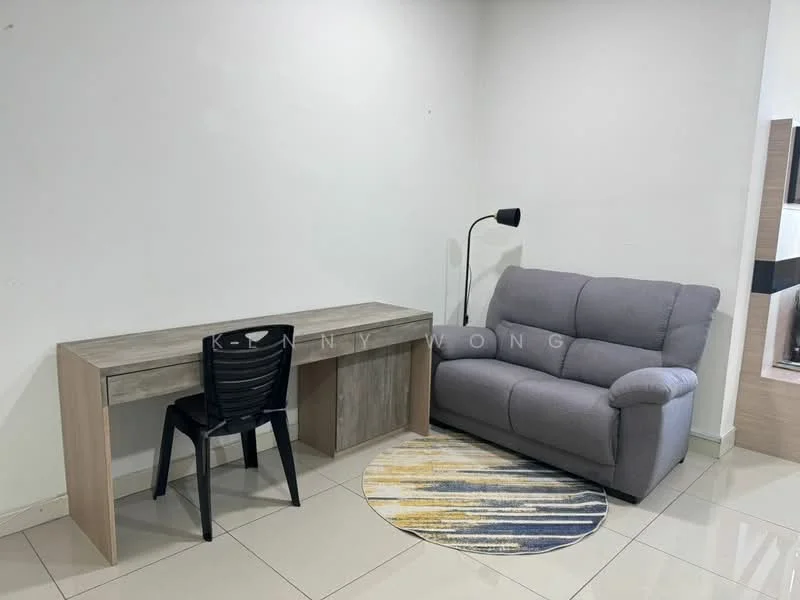 Room features: grey fabric sofa, wooden desk, black plastic chair, area rug with geometric pattern, white painted walls, glossy tile flooring, floor lamp; style: modern.