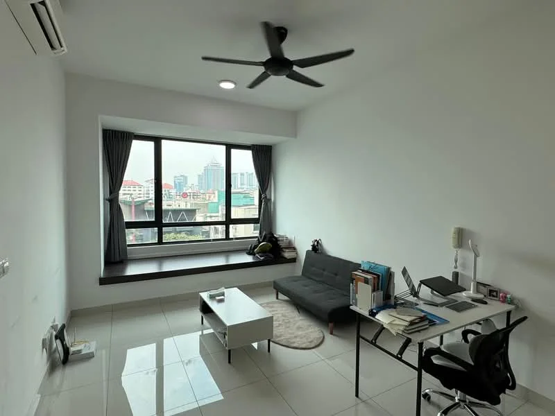 Living features: floor-to-ceiling windows, grey fabric sofa, white coffee table, black office desk, black office chair, built-in window seat, white painted walls, glossy tile flooring, ceiling fan with light, curtains, city view; style: modern; view: city.