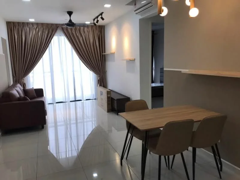 Living features: 3-seater fabric sofa in brown, glass coffee table, floor-to-ceiling windows with sheer curtains, recessed downlights, ceiling fan, polished ceramic tile flooring, wall-mounted TV console, decorative wall shelves, neutral painted walls, dining table with 4 chairs; style: modern.