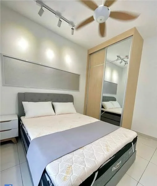 Bedroom features: queen-size bed with grey upholstered headboard, white bedding, grey throw blanket, 2 bedside tables, table lamps on bedside tables, built-in wardrobe with sliding mirror doors, white walls, recessed lighting, ceiling fan with light, tile flooring; style: modern.