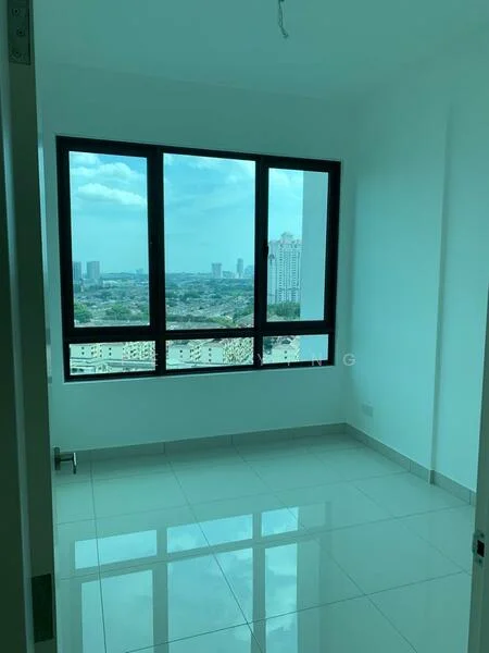 Room features: large floor-to-ceiling windows, white painted walls, glossy tile flooring, city view, natural light, minimalist design, no visible furniture, neutral color palette; style: modern; view: city.