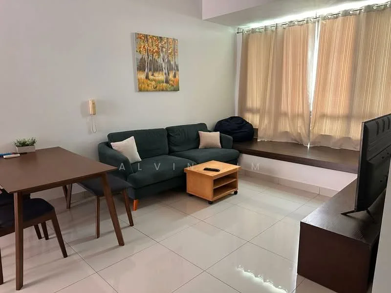 Living features: 3-seater fabric sofa in dark green, wooden coffee table, dining table with 4 chairs, floor-to-ceiling windows with sheer curtains, light-colored walls, glossy tile flooring, decorative painting on wall, built-in window seat, TV console; style: modern.