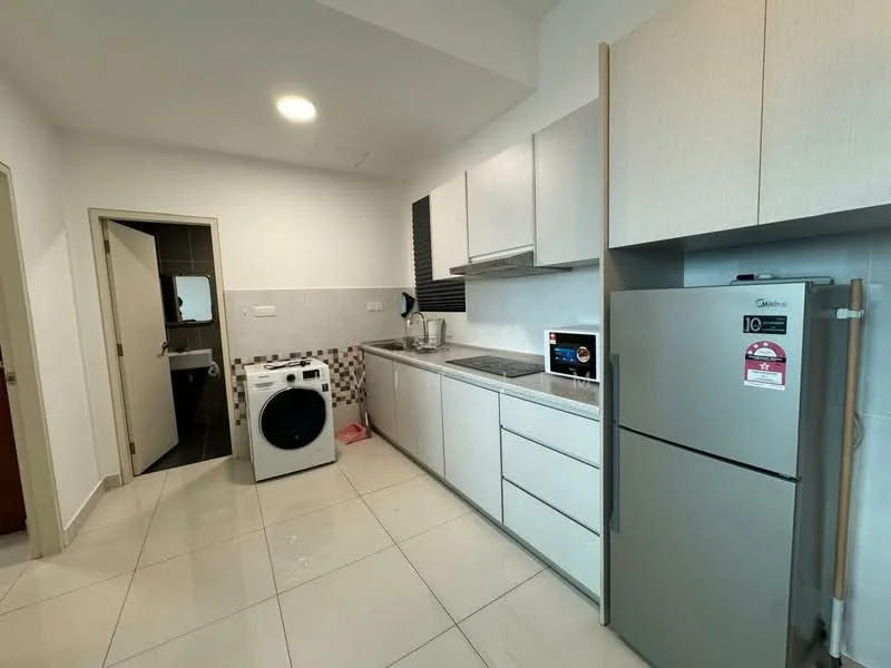 Kitchen features: white cabinetry, grey laminate countertop, stainless-steel fridge, built-in microwave, ceramic tile backsplash with mosaic pattern, single-bowl stainless-steel sink, chrome pull-down faucet, freestanding washing machine, ceramic tile flooring, recessed downlights, wall-mounted cabinets, open shelving; style: modern.