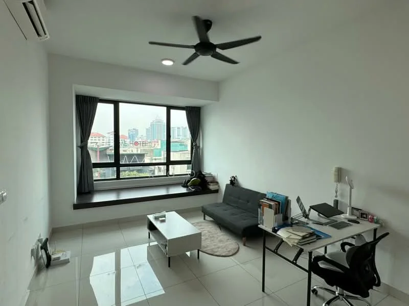 Study features: white painted walls, glossy tile flooring, 5-blade ceiling fan with light, floor-to-ceiling windows, window seat with storage, black fabric sofa bed, white coffee table, desk with chair, bookshelves, decorative area rug; style: modern; view: city.