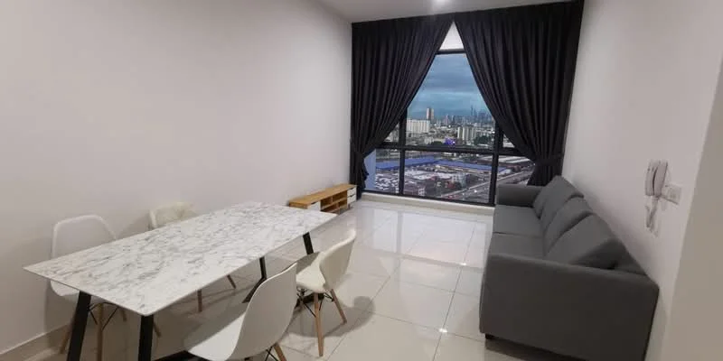 Living features: grey fabric sofa, marble dining table, white dining chairs, large floor-to-ceiling window, blackout curtains, white painted walls, glossy tile flooring, city skyline view; style: modern; view: city.