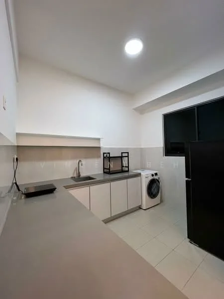 Kitchen features: single-bowl stainless-steel sink, chrome pull-down faucet, grey laminate countertop, white cabinetry with flat-panel doors, built-in washing machine, black refrigerator, light-colored wall tiles, cream floor tiles, recessed ceiling light, window with black frame; style: modern.
