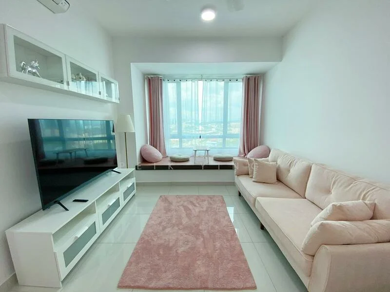 Living features: light pink fabric sofa, white TV console, wall-mounted TV, large floor-to-ceiling windows, sheer curtains, pink area rug, built-in window seat with cushions, recessed ceiling lights, white painted walls, glossy tile flooring; style: modern; view: city.