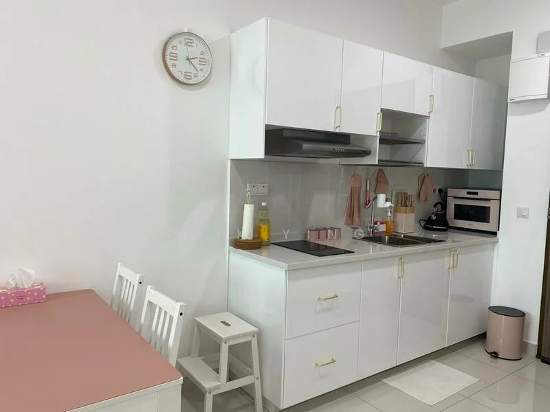 Kitchen features: white shaker cabinets, grey countertop, stainless-steel sink, chrome pull-down faucet, built-in oven, freestanding range oven, microwave, kettle, toaster, white tiled backsplash, wall clock, stool, pink dining table, white dining chairs; style: modern.