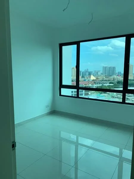 Room features: white painted walls, glossy tile flooring, large floor-to-ceiling window, city skyline view, no visible furniture, neutral color scheme, natural light, minimalist design; style: modern; view: city.