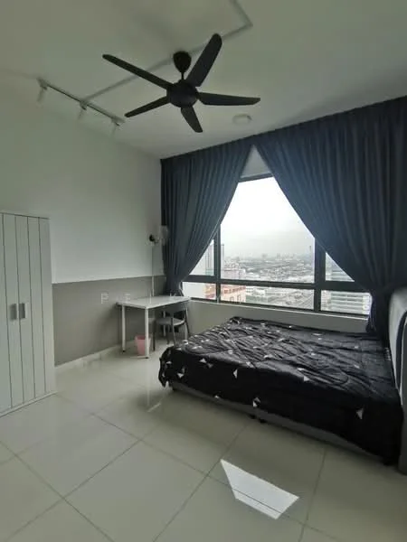 Bedroom features: king-size bed, black bedspread, floor-to-ceiling windows, city view, white walls, grey accent wall, 5-blade ceiling fan, study desk, white wardrobe, curtains, tile flooring; style: modern; view: city.