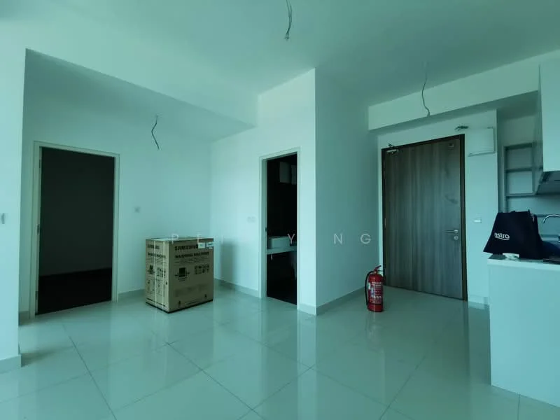 Room features: white painted walls, glossy tile flooring, ceiling with exposed wiring, fire extinguisher, door with wood finish, door frame with white finish, cardboard box, open layout; style: modern.