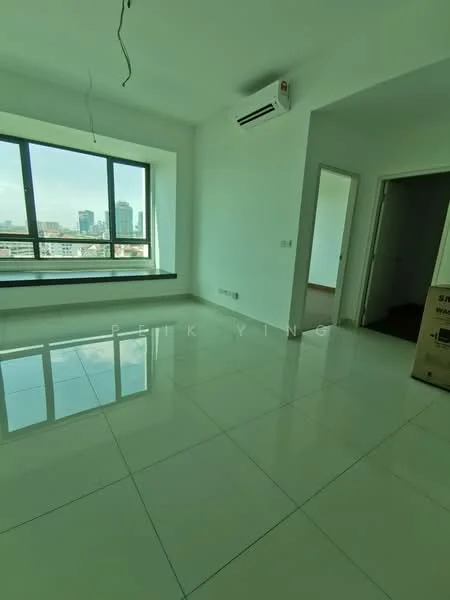 Room features: large floor-to-ceiling window, white painted walls, glossy ceramic tile flooring, 1 wall-mounted split AC, neutral color scheme, city skyline view, unfurnished space, recessed ceiling lights; style: modern; view: city.