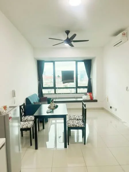 Living features: white painted walls, glossy tile flooring, 5-blade ceiling fan with light, floor-to-ceiling windows, blackout curtains, dining table with 4 chairs, blue fabric sofa, TV mounted on wall, air conditioning unit, decorative cushions on sofa, built-in bench seating, view of city skyline; style: modern; view: city.