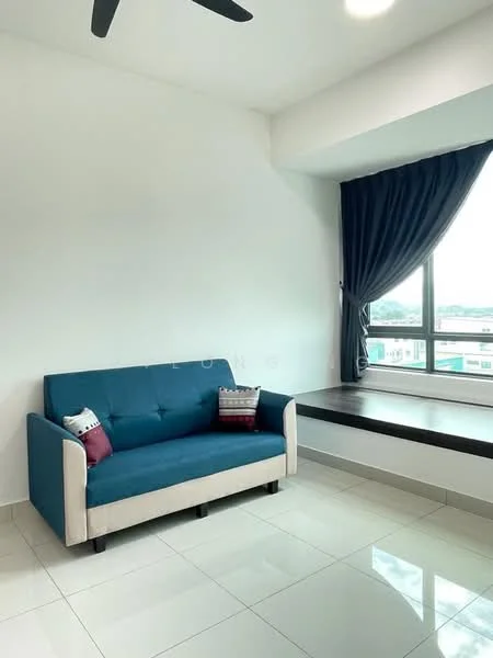 Living features: blue fabric 2-seater sofa, white walls, large window with city view, black window sill, grey floor tiles, ceiling fan, decorative cushions, natural light; style: modern; view: city.