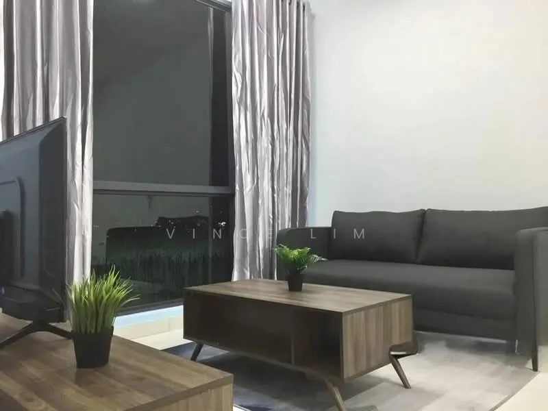 Living features: grey fabric sofa, wood coffee table, TV console, floor-to-ceiling windows, sheer curtains, decorative plant, area rug, wall-mounted TV; style: modern; view: city.