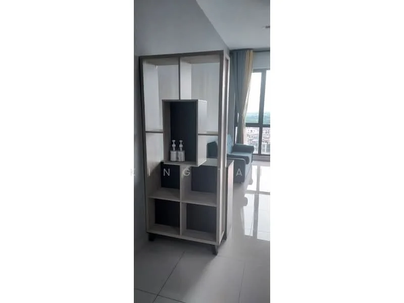 Room features: white walls, glossy tile flooring, floor-to-ceiling windows, city view, modern shelving unit, decorative items on shelves, curtains, sofa in background; style: modern; view: city.