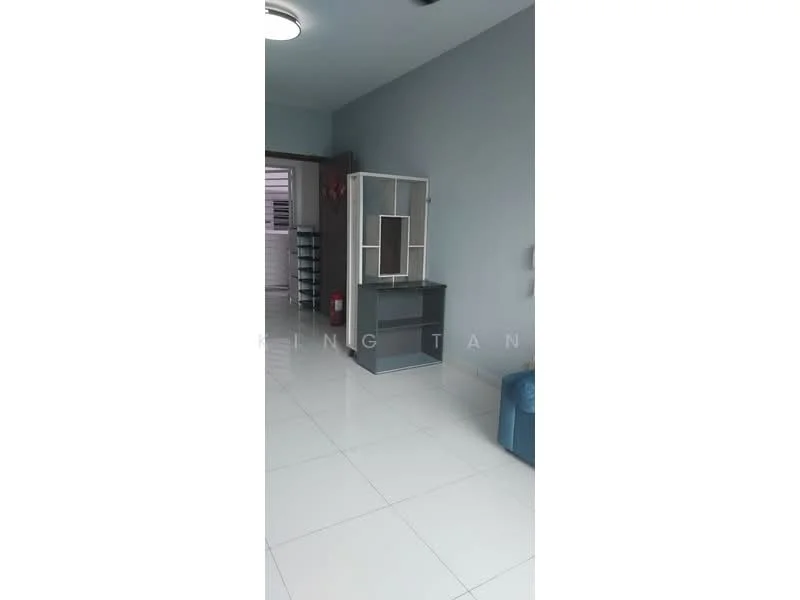 Room features: grey painted walls, white tiled flooring, ceiling light fixture, glass display cabinet, wooden door, open space layout; style: modern.