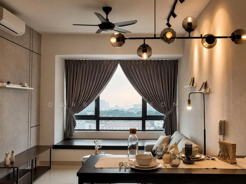 Living features: grey painted walls, wooden flooring, 5-blade ceiling fan with light, track lighting with multiple bulbs, floor-to-ceiling windows, sheer curtains, decorative wall shelf, coffee table, sofa with cushions, decorative items on the table; style: modern; view: city.