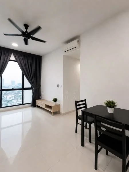 Living features: white painted walls, polished ceramic tile flooring, 5-blade ceiling fan with light, floor-to-ceiling windows, blackout curtains, dining table for two, black dining chairs, wooden TV console, indoor plant in ceramic pot, air conditioning unit; style: modern; view: city.