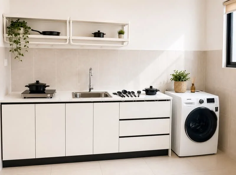 Kitchen features: white cabinetry with flat-panel doors, stainless-steel sink, chrome pull-down faucet, black countertop, built-in stove, black cooking pot, black frying pan, kitchen utensils, white front-load washing machine, open shelving with plants, light-colored tiled walls, light-colored tiled flooring, window with roller blinds; style: modern.