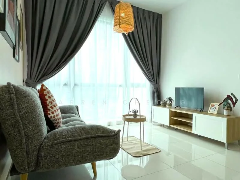 Living features: 3-seater fabric sofa in grey, decorative cushions with patterns, round coffee table with light wood legs, wall-mounted TV, white TV console with storage, floor-to-ceiling windows, sheer curtains, grey accent wall, glossy tile flooring, pendant light fixture; style: modern.