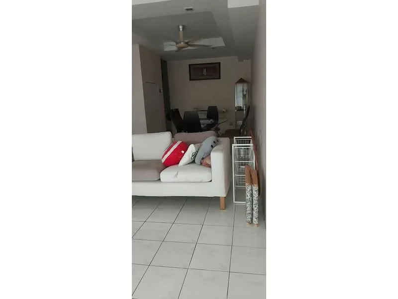 Living features: 3-seater fabric sofa in white with grey cushions, ceiling fan, tile flooring, decorative wall art, glass dining table with black chairs, mirror on wall, open layout, natural light from windows; style: modern.