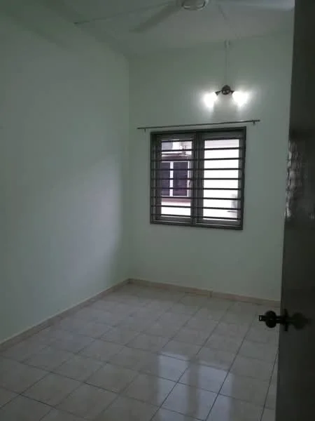 Room features: light green painted walls, white ceiling, tile flooring, window with horizontal metal grilles, single ceiling light fixture, 1 wall-mounted ceiling fan; style: modern.