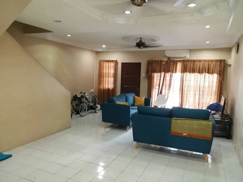 Living features: white painted walls, polished tile flooring, tray ceiling with recessed lighting, 5-blade ceiling fan, large windows with sheer curtains, blue fabric sofa, wooden coffee table, bicycle in corner, TV console, air conditioning unit; style: modern.