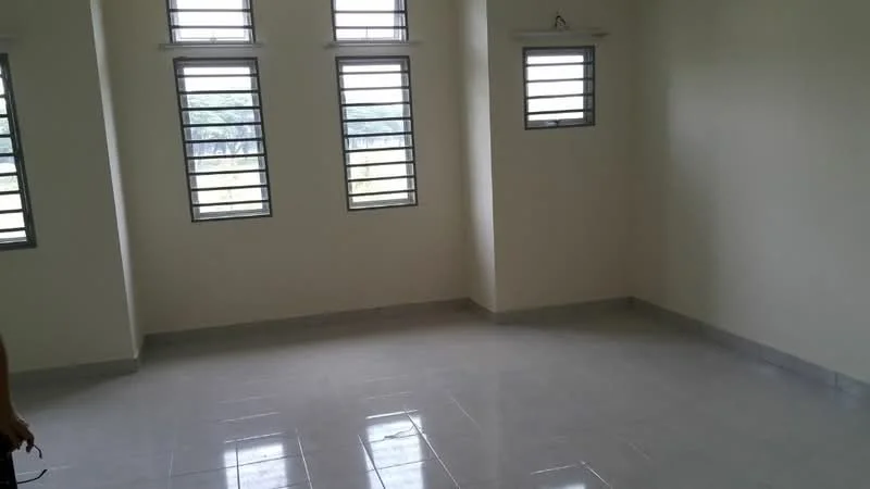 Room features: light-coloured painted walls, glossy tile flooring, multiple small windows with metal grilles, neutral ceiling, corner room, unfurnished space; style: modern; view: garden.
