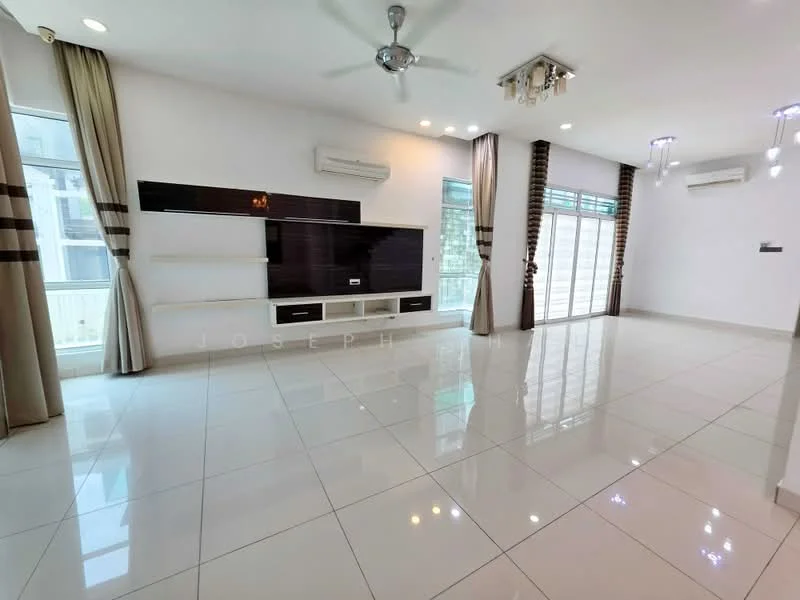 Living features: white painted walls, glossy white tile flooring, 5-blade ceiling fan with light, recessed LED downlights, wall-mounted TV console, large sliding glass doors, floor-to-ceiling windows, curtains, air conditioning unit, open layout, decorative lighting fixtures; style: modern.