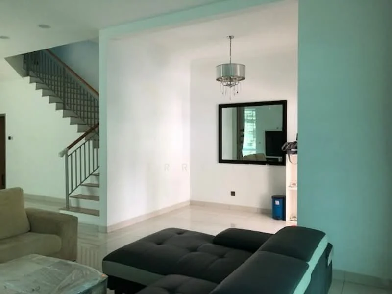 Living features: cream painted walls, white ceiling, chandelier, large mirror, grey sectional sofa, tile flooring, staircase, built-in cabinet, window with natural light, decorative wall, black trash bin; style: modern.