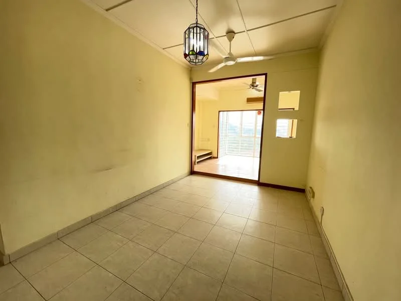 Room features: cream painted walls, tile flooring, ceiling fan, hanging light fixture, large window with view, sliding glass door, doorway leading to another room.