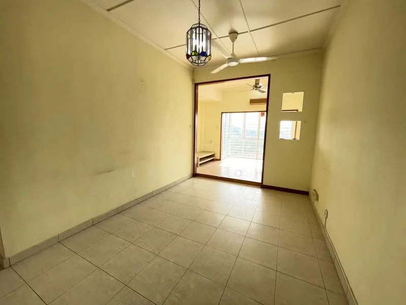 Room features: light yellow painted walls, white ceiling, tile flooring, ceiling fan, hanging light fixture, large sliding glass door, window opening, open layout to adjacent room.