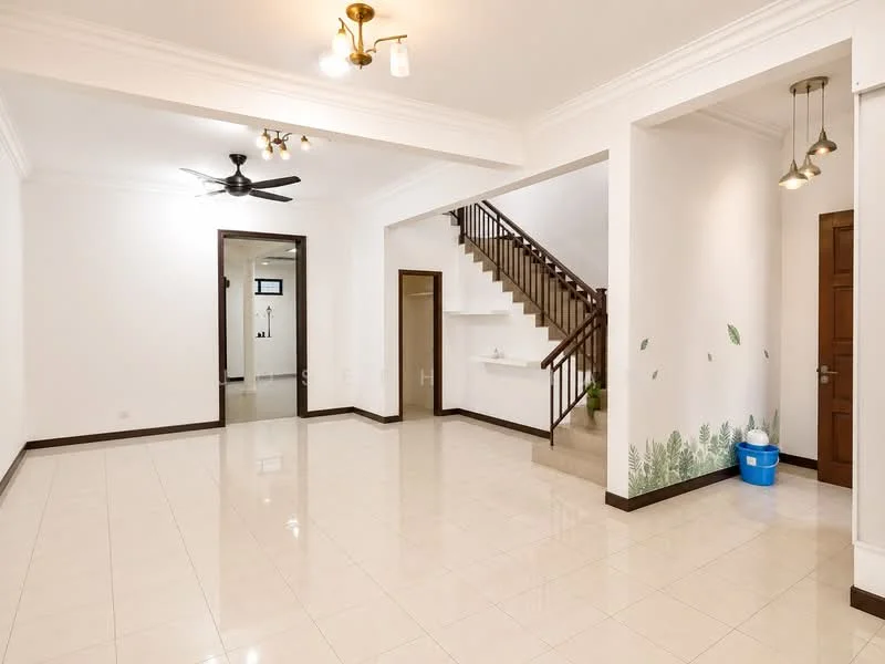 Living features: white painted walls, cream tiled flooring, 5-blade ceiling fan with light, recessed downlights, staircase with wooden railing, open layout, decorative wall with plant motif, doorway leading to other rooms; style: modern. Room features: white painted walls, cream tiled flooring, doorway leading to bathroom, staircase visible.