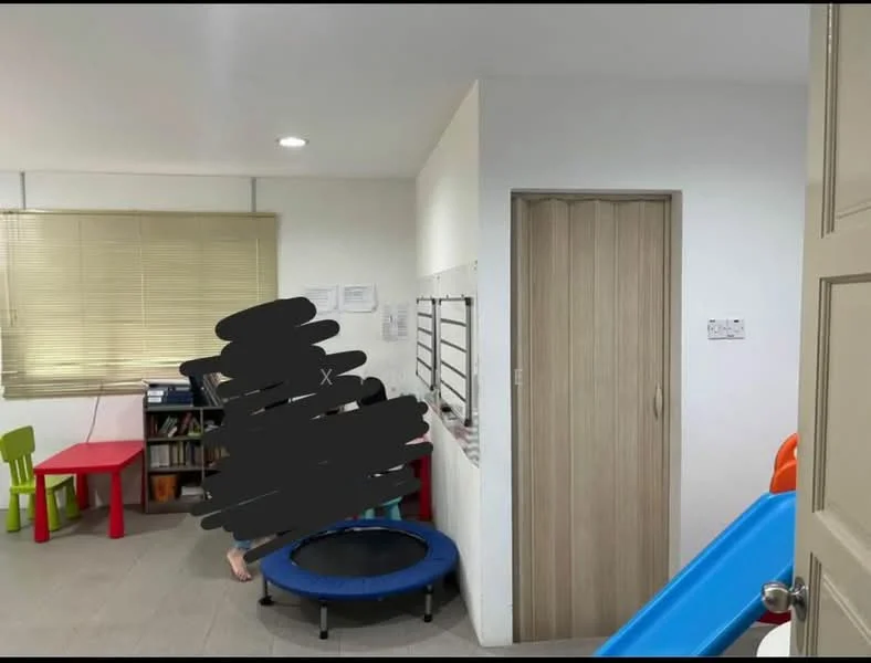 Room features: light grey tiled flooring, white painted walls, blinds on windows, built-in wardrobe with wood finish, trampoline, blue slide, small green and red chairs, bookshelf, children's play area; style: modern.