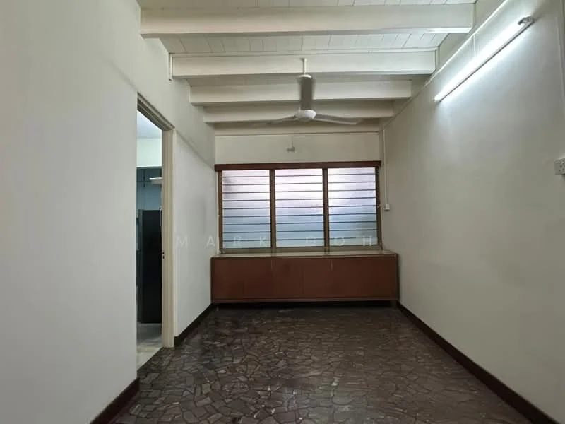 Room features: exposed beams on ceiling, white painted walls, brown wooden cabinetry, large windows with horizontal slats, stone flooring, ceiling fan, LED strip lighting; style: modern.